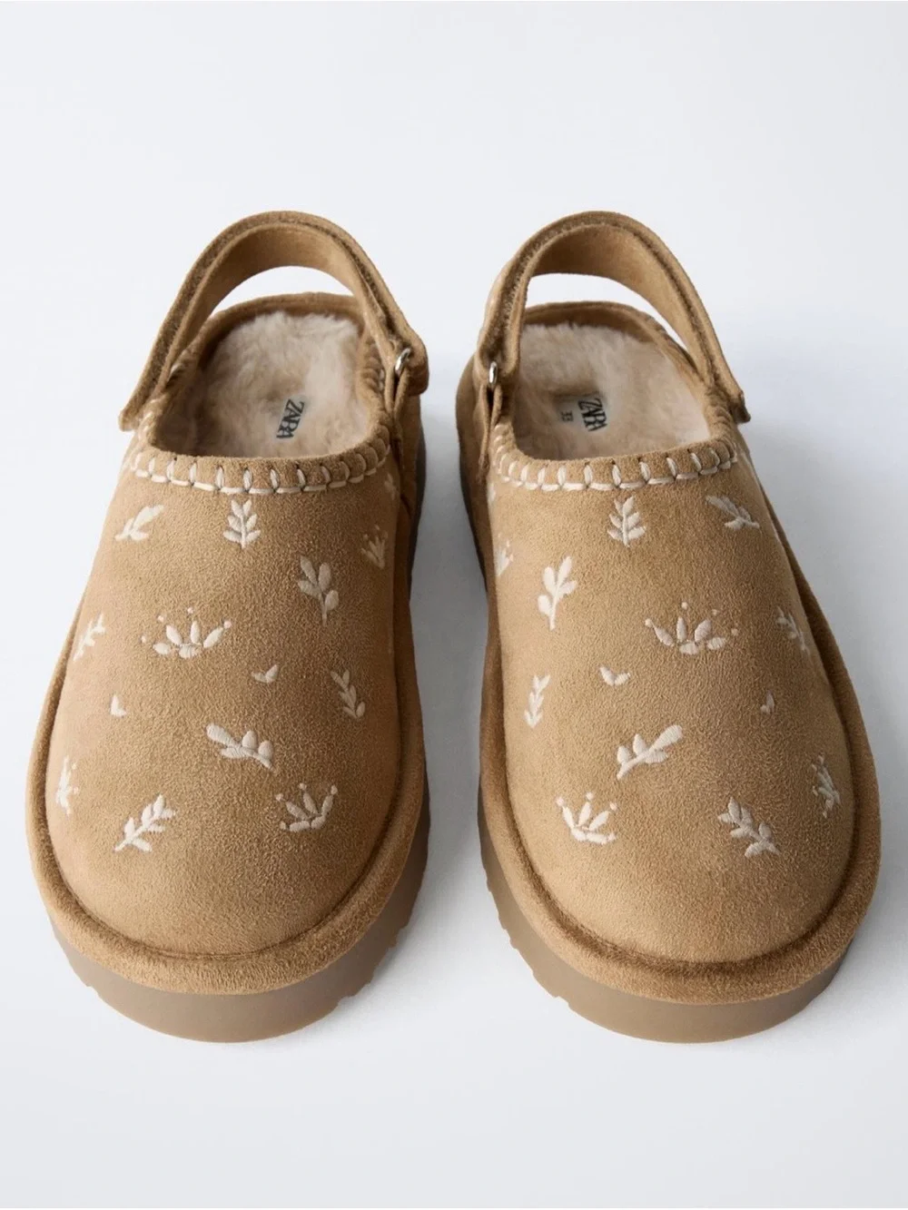 ZARA Kids Suede Slip-On Clog with Embroidered Detail - Tan